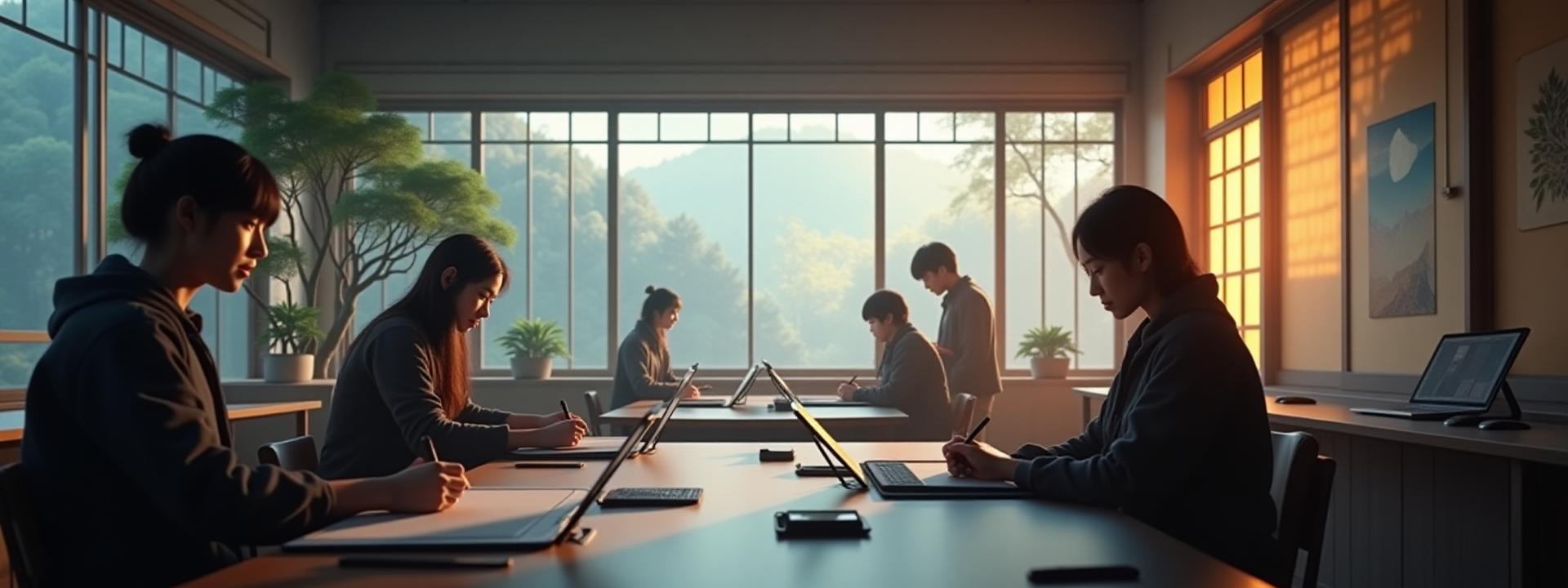 Modern art studio interior with Cintiqs and traditional Japanese shoji screens, a small bonsai tree, bathed in soft, natural light.