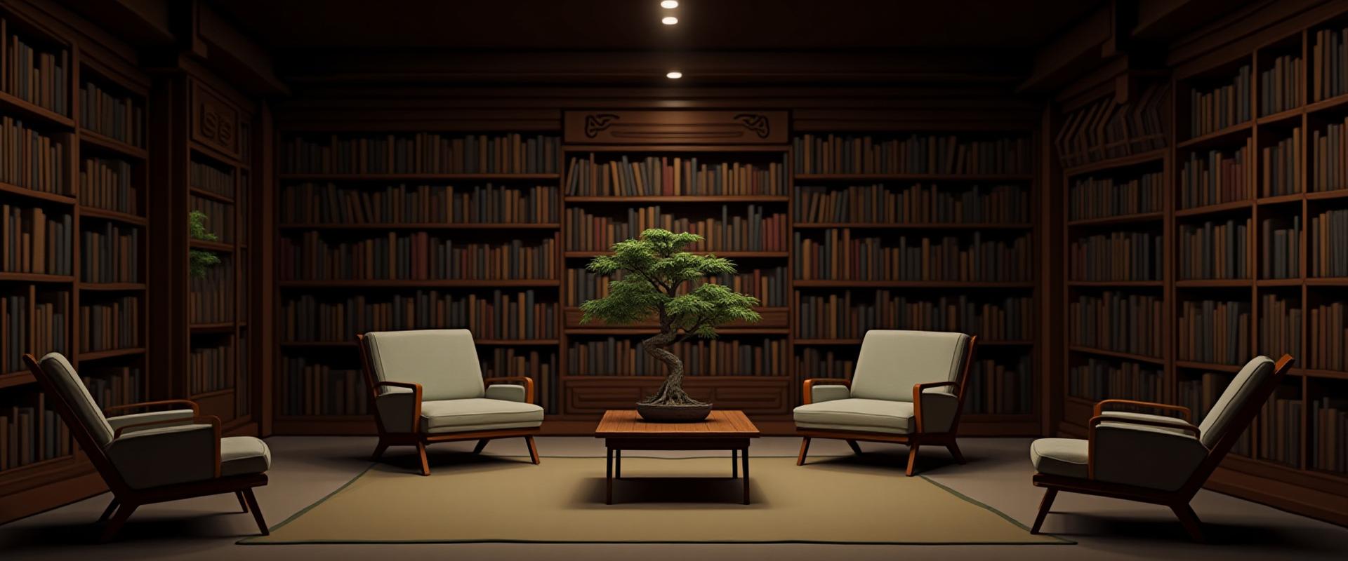 Quiet philosophy library at Vornidrexumora, filled with books, comfortable seating, and subtle traditional Japanese decor.