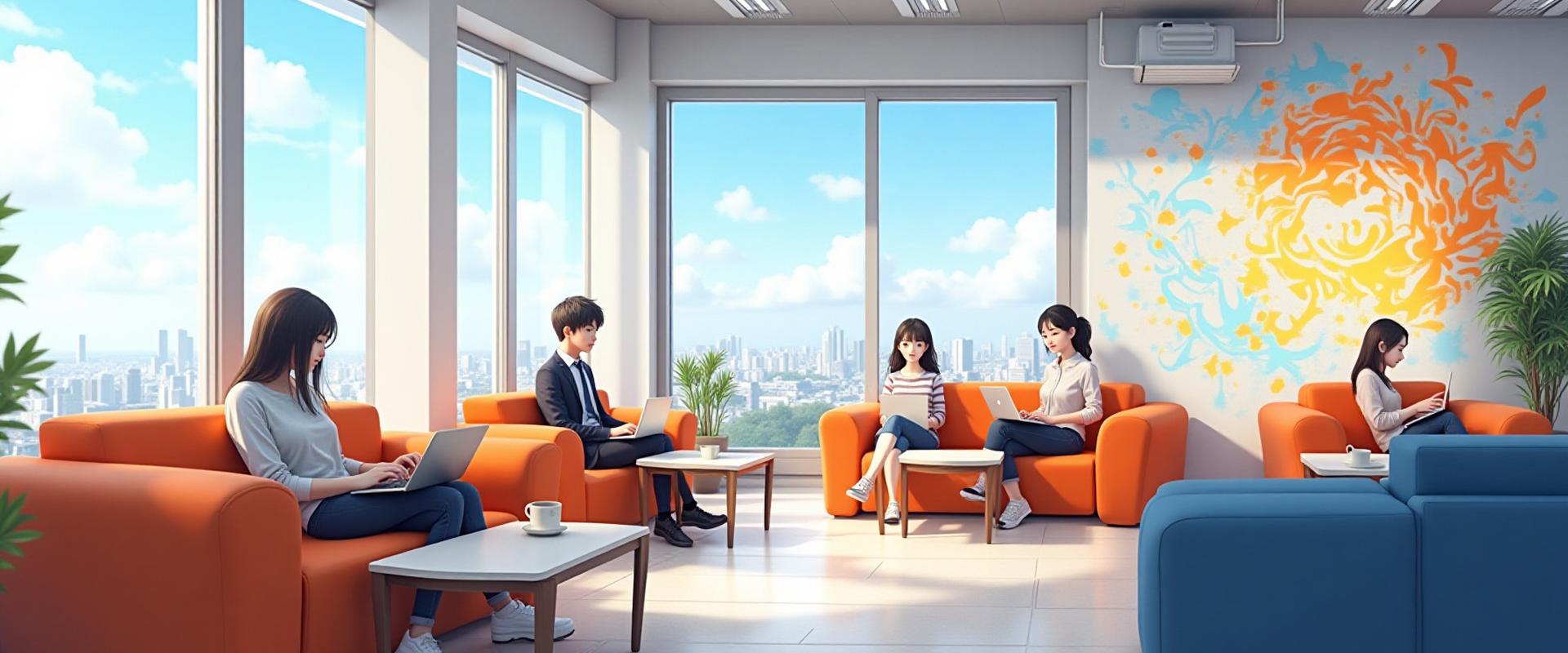 Vibrant, modern student lounge area with comfortable seating, large windows, and student artwork displayed.