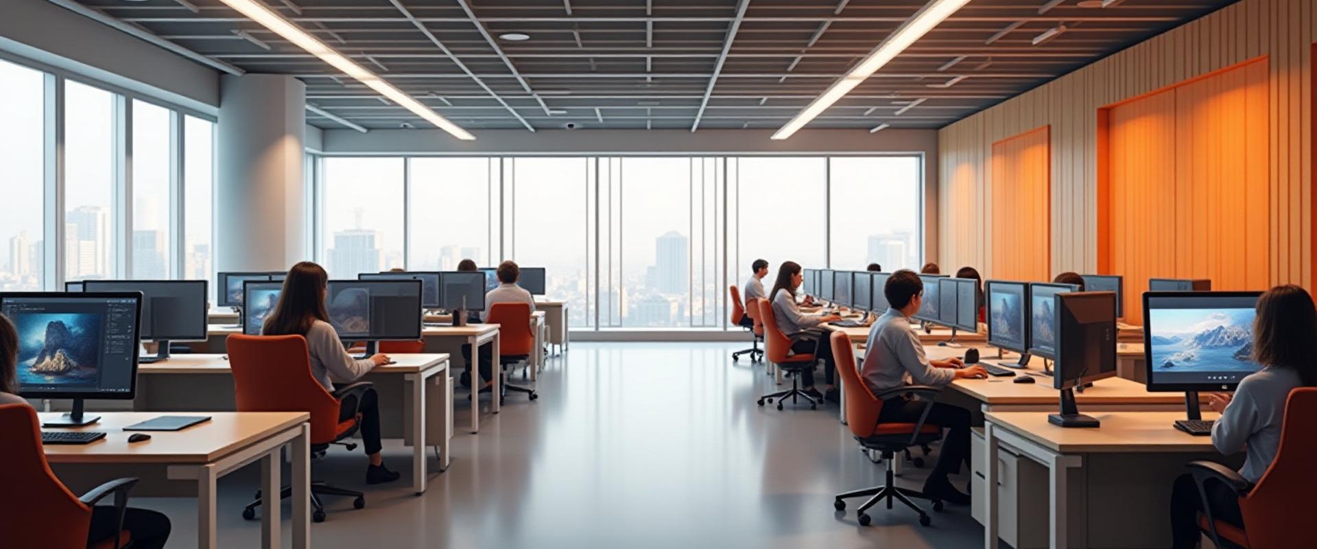 Main digital art studio at Vornidrexumora, featuring rows of high-end Cintiqs and ergonomic chairs, a minimalist yet inspiring atmosphere.