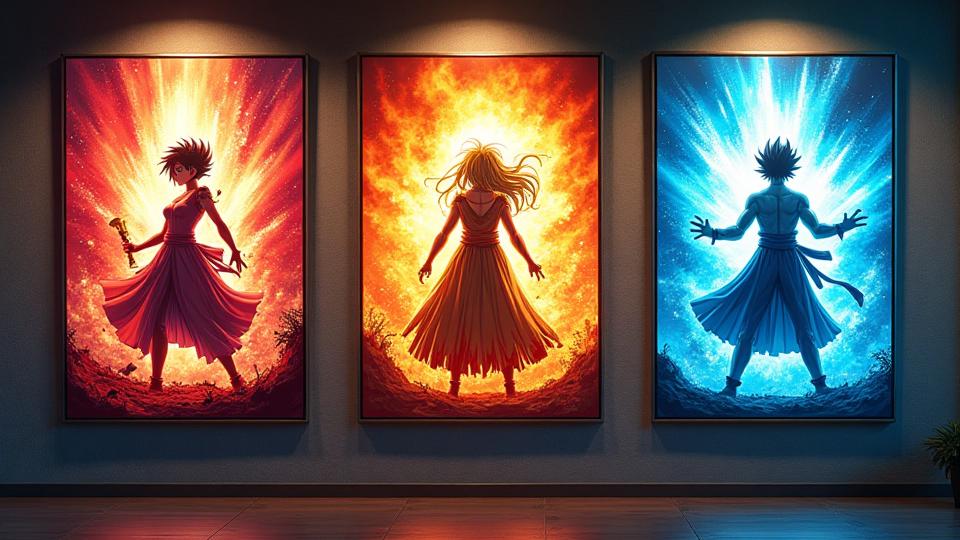 Poster series for an anime-themed music festival, using vibrant colors, dynamic character poses, and explosive visual effects common in shonen anime.