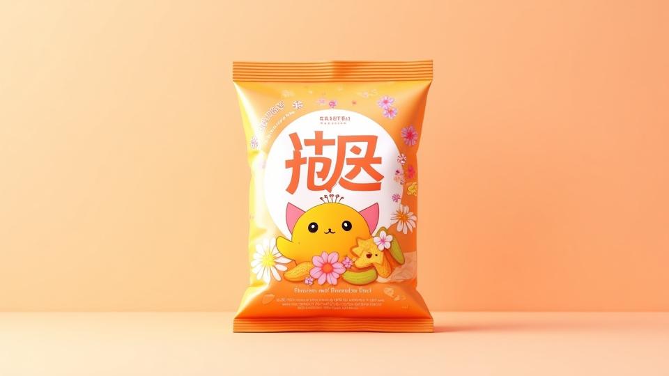 Packaging design for a Japanese snack brand, featuring cute, mascoted characters and playful, yet sophisticated, typography inspired by traditional Japanese art and manga.