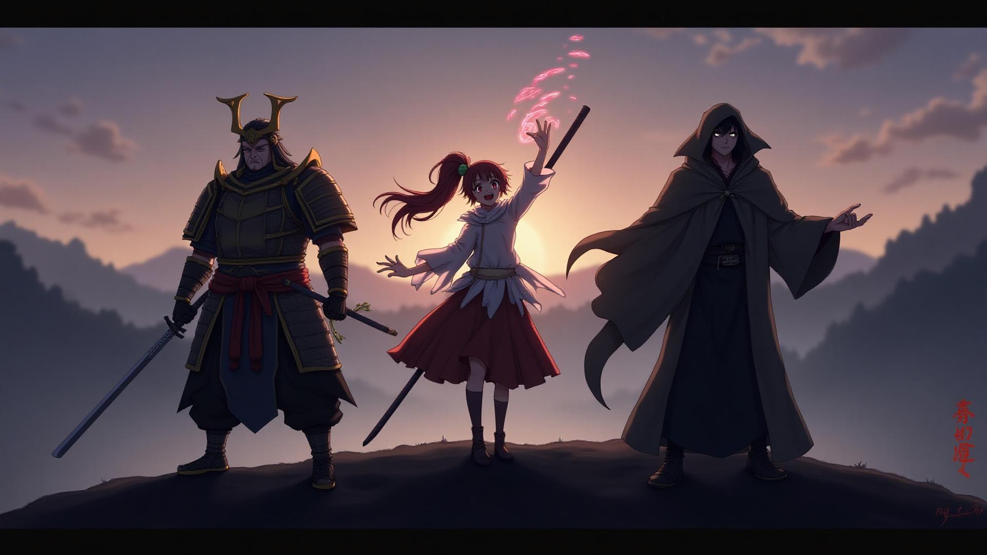 Dynamic lineup of three distinct anime character designs: a stoic samurai, a cheerful mage, and a brooding rogue, embodying different personality types.