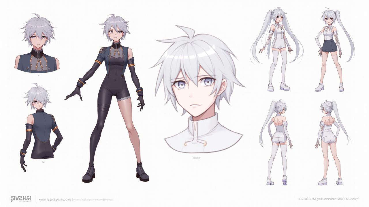 A professionally laid out character design portfolio featuring a full character turnaround, five key expressions, three costume variations, and a character biography.