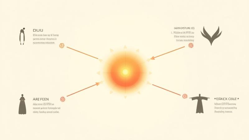 Infographic diagram illustrating how a core philosophical concept like 'duty' branches into visual design elements: rigid posture, uniform-like clothing, and sharp V-shapes. Each element is connected visually to the central concept.