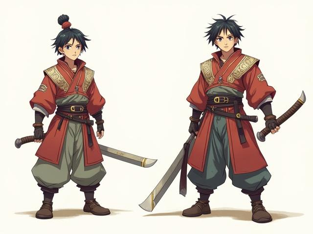 After: A fully rendered, expressive character sheet with detailed costume, various expressions, and a clear personality, demonstrating significant improvement.