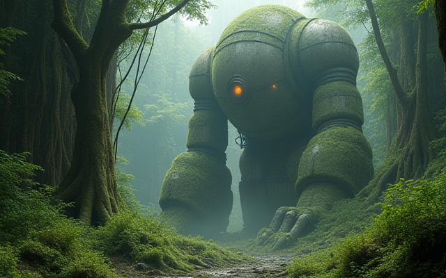 Example of Sensei Arisu's concept art: an ancient, moss-covered robot city.