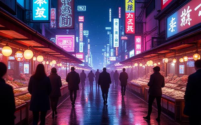 Example of Sensei Arisu's concept art: a futuristic market street at night, bustling with activity.