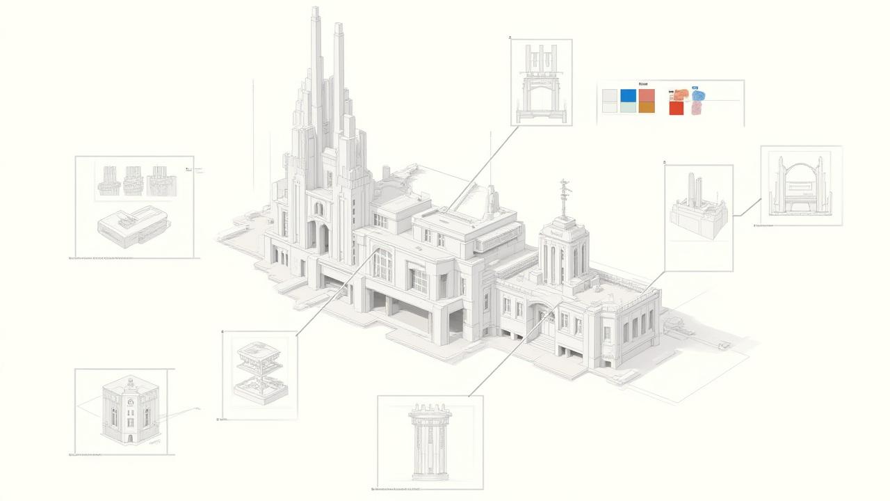 A precise architectural callout sheet for a key building in the medieval village, showing constructions details and materials.