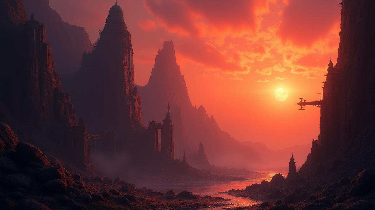 A vibrant final mood painting of the medieval village at sunset, with warm lighting and detailed textures.