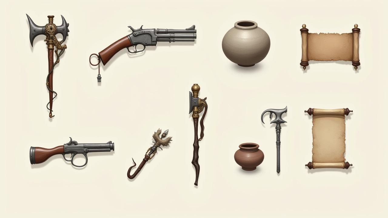 A detailed callout sheet showcasing various prop designs for the medieval village, including tools, market stalls, and weaponry.