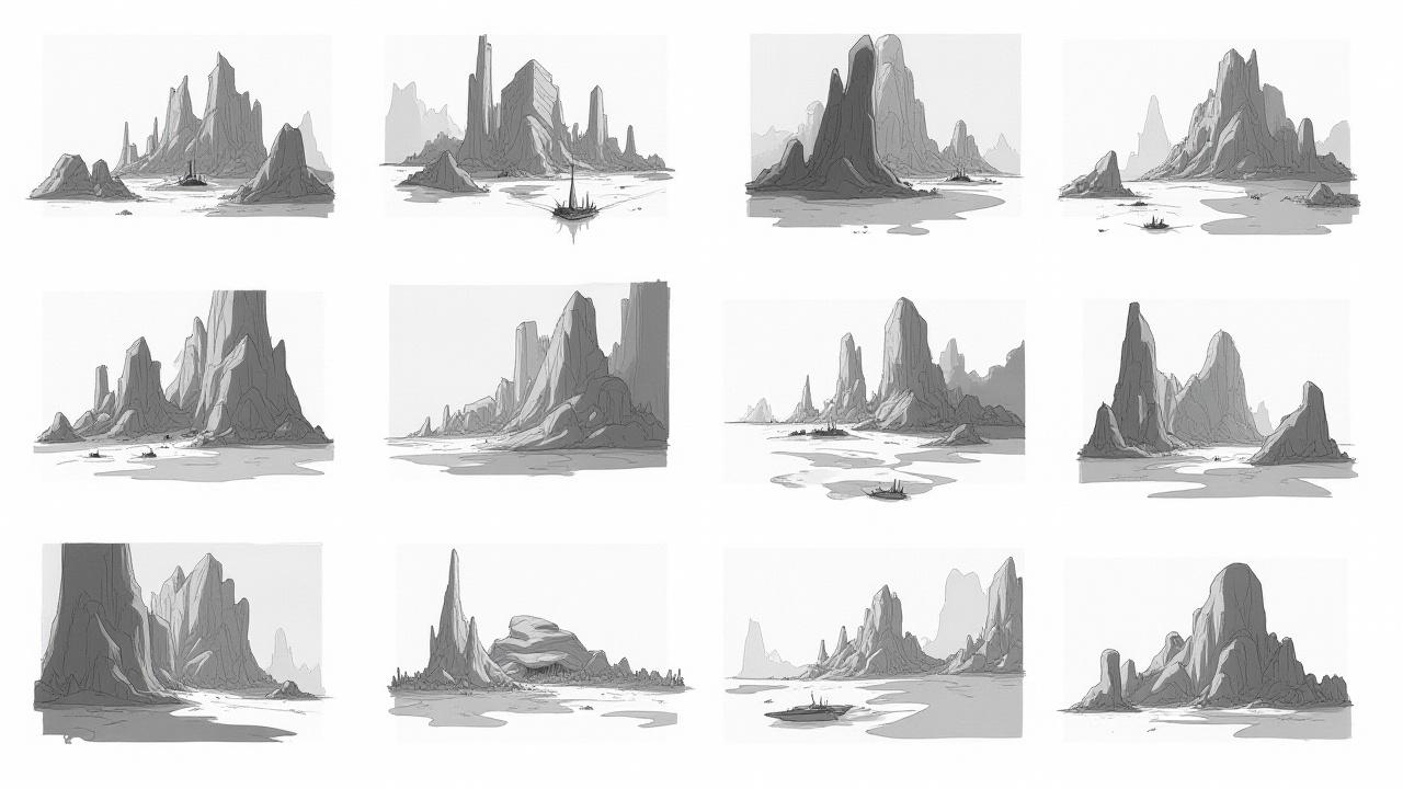 A collage of rapid environment thumbnails, showing various compositions and initial ideas for a medieval fantasy setting.