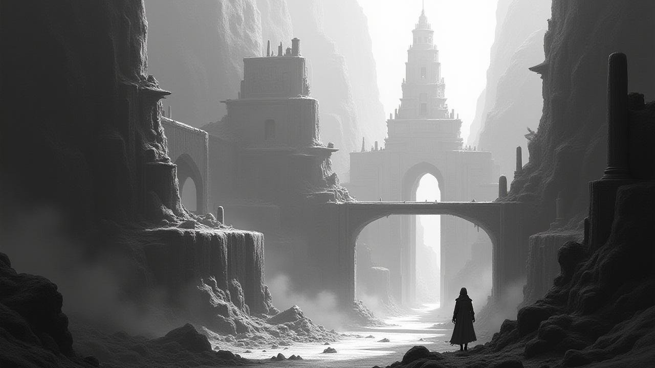 A refined value painting of a medieval village, focusing on light, shadow, and depth without color.