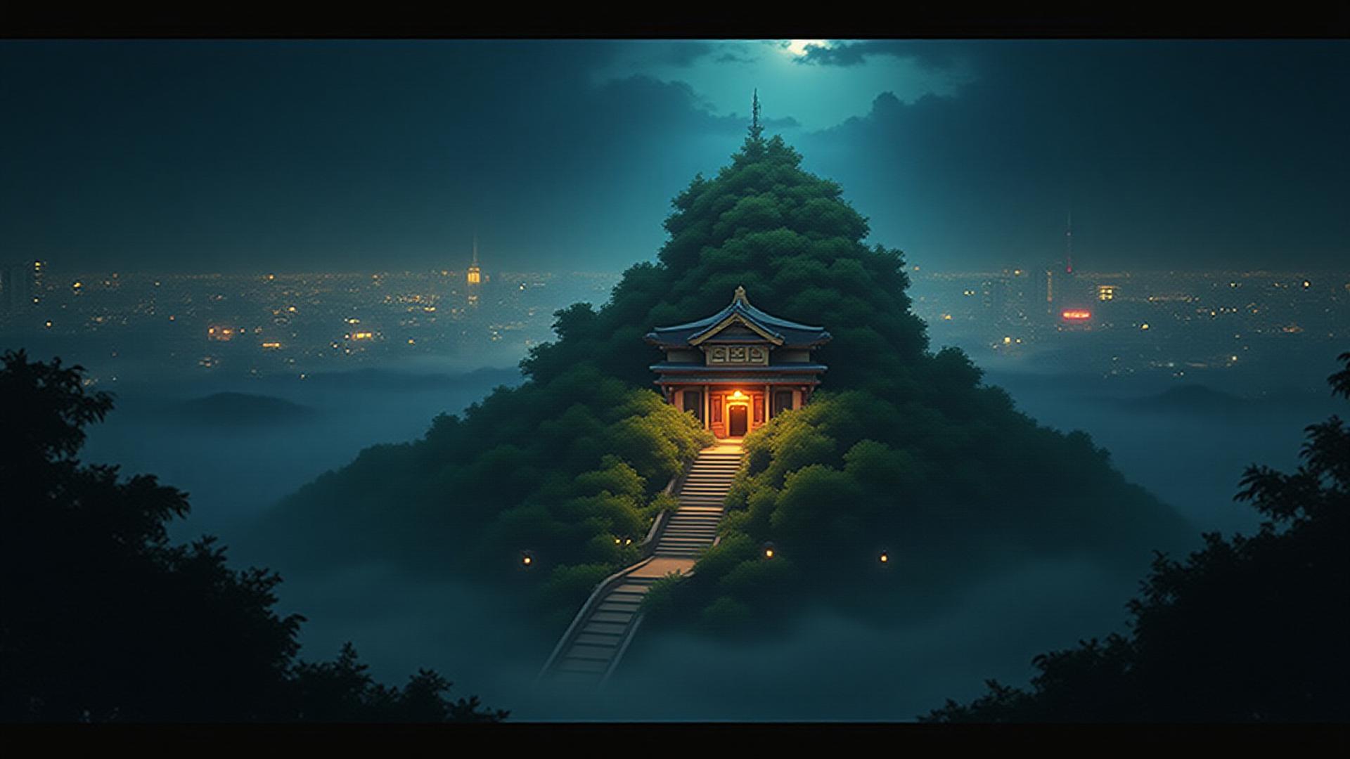 A breathtaking environment concept art featuring a hidden ancient temple nestled within a futuristic, overgrown Tokyo cityscape, with subtle animated fog and flickering lanterns.