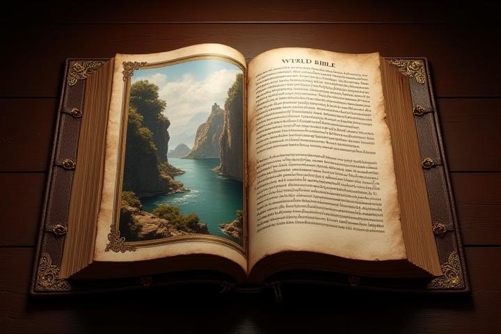 An open 'World Bible' showing a spread with a detailed environment illustration on one page and accompanying lore text on the other, designed to look like an ancient, hand-crafted tome.