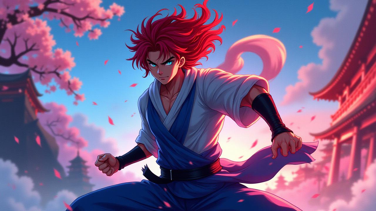 Stunning digital illustration: A hero character with fiery red hair and blue eyes, standing dynamically against a background blending traditional Japanese landscapes with futuristic cityscapes, evoking a sense of balance between ancient wisdom and modern power, rendered with vibrant anime stylization.