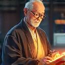 Sensei Tanaka, 50代の日本人男性、親しみやすい笑顔、伝統的な着物の上に現代的なジャケットを羽織っている。デジタルアートタブレットを片手に、背景にはアニメのキービジュアルが飾られているスタジオのイラスト.