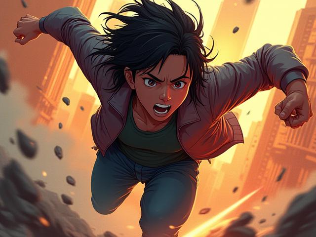 ダイナミックなアクションポーズのキャラクター、強いコントラストの光と影