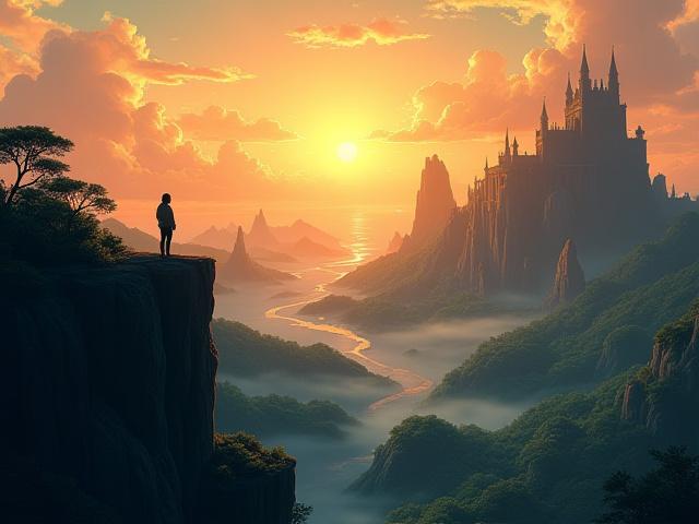 複雑な背景と物語性のある風景を持つ広範なシーン