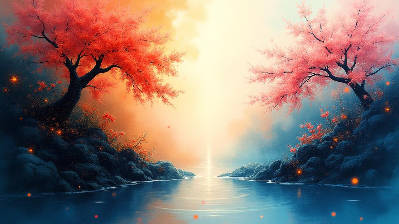 デジタルと自然、光と影、混沌と秩序が完璧に調和したアブストラクトなデジタル絵画。