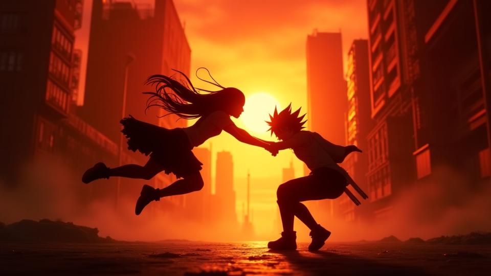 Still from a famous anime scene with dynamic character interaction