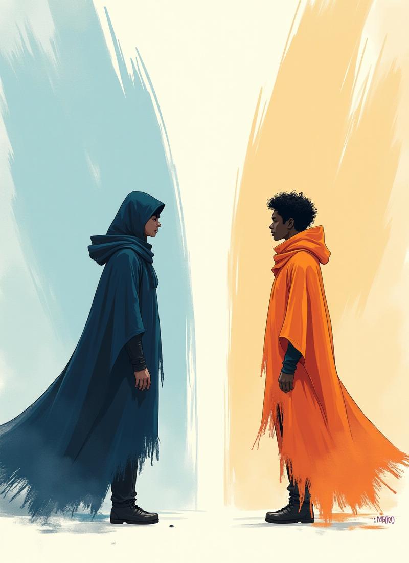 First page of a student's silent comic depicting two figures in contention